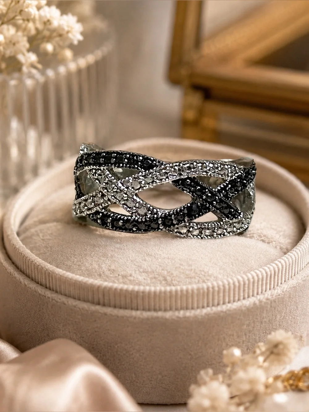 Sterling Silver Black White Marcasite Diamond Ring 925 Size 7.5